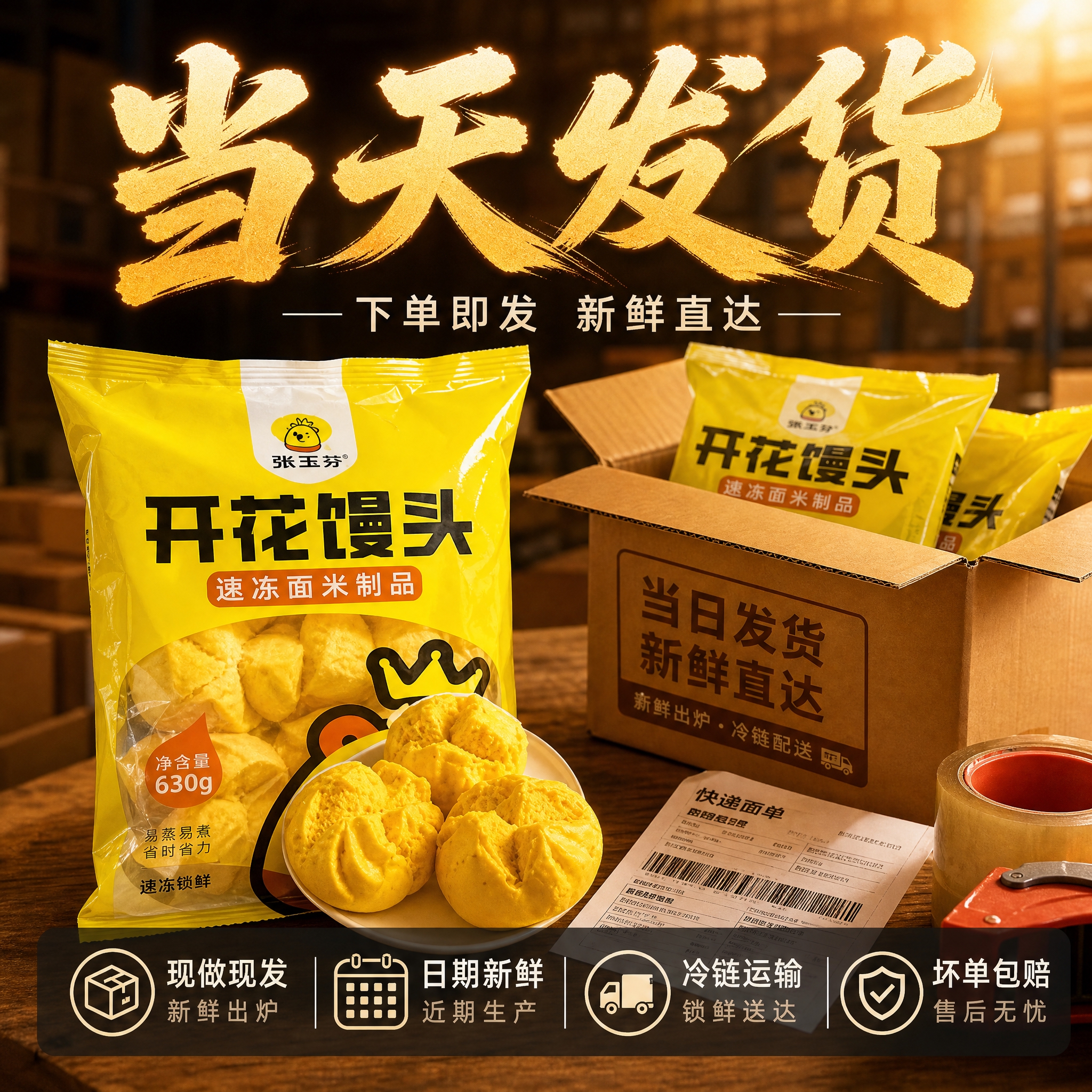 以产品包装袋为主体，制作当天发货主题的电商主图。画面左侧展示完… - 图片创意预览