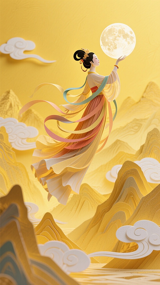 中式古典插画风，撕纸与浮雕结合，嫦娥托月飞升，金黄山水云雾缭绕，梦幻唯美，中秋意境悠然。