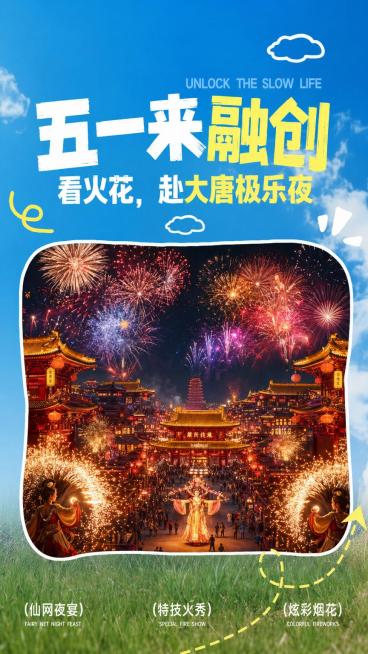 保持原海报的整体排版布局，大标题文字修改为"五一来融创"，副标题修改为"看火花，赴大唐极乐夜"，将中间原图替换成火花相关的夜景图片，图片底部三个文字分别修改为：仙网夜宴、特技火秀、炫彩烟花，整体风格适预览效果