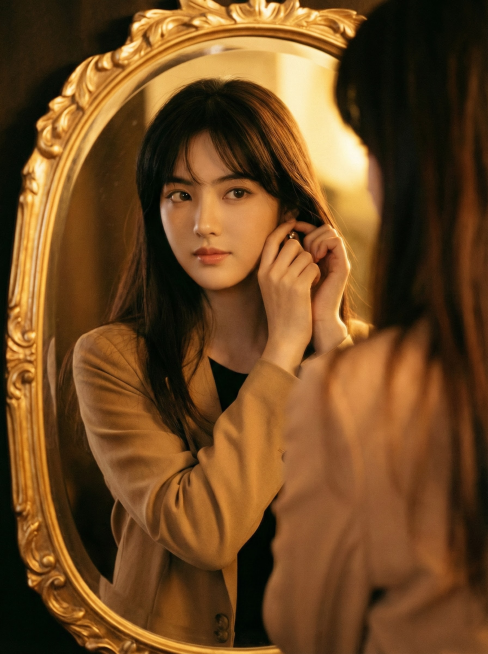请把左图人物的面部特征替换到右图上面去。发型和左图保持一致，衣服和姿势与右图保持一致。写实摄影风格，黑色长直发，在灯光照射下显示棕色，身穿浅棕色外套 + 黑色内搭，于装饰华丽的金色雕花镜子前抬手佩戴耳预览效果