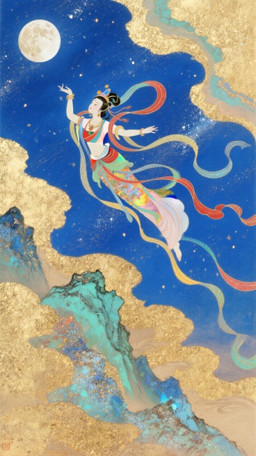 极致的仰视视角，嫦娥呈敦煌飞天姿势从向蓝色的星空飞去，满月，超强纵深，超强透视预览效果