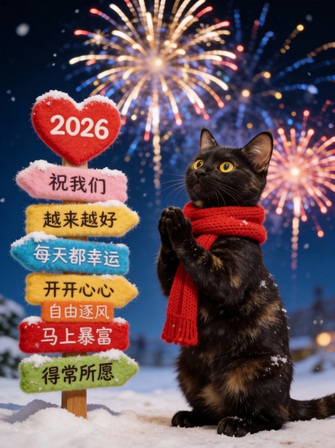 图中宠物围红色针织围巾，直立起身，双爪交握似祈福，表情虔诚
左边有彩色毛绒指示牌（顶部红心形写“2026”，往下依次写有文案“祝我们”“越来越好”“每天都幸运”“开开心心”“自由逐风”“马上暴富”“得预览效果