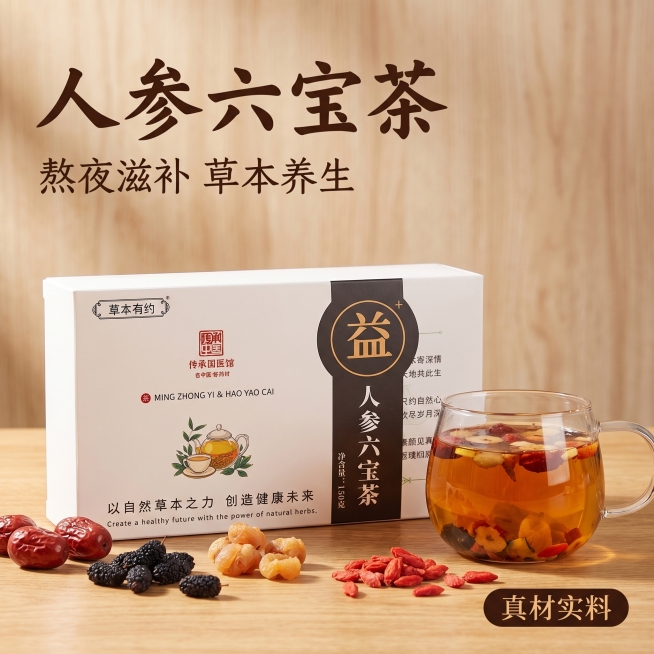 [主图 1] 人参六宝茶产品首图，突出熬夜滋补养生卖点
[氛围风格] 传统中式电商茶风，自然草本养生氛围，品质专业感。
[画面元素] 商业摄影质感，光线柔和通透，产品清晰真实，画面干净高级。人参六宝茶预览效果