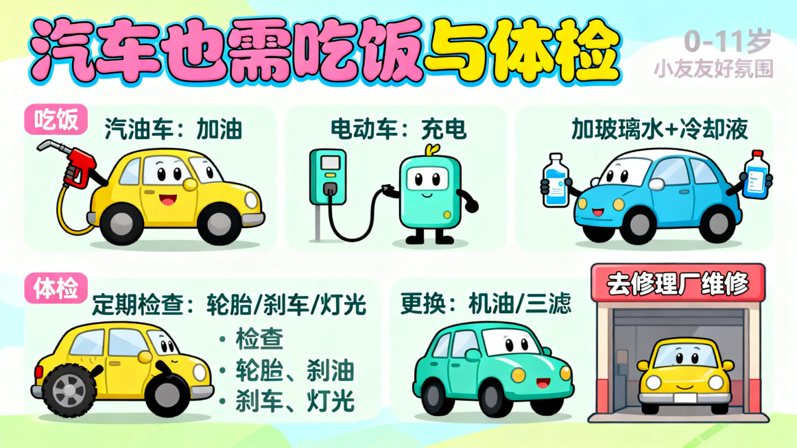 卡通风格PPT页面，主题是汽车也需吃饭与体检，分为‘吃饭’和‘体检’两个板块。‘吃饭’部分介绍汽油车加油、电动车充电、加玻璃水和冷却液；‘体检’部分介绍定期检查轮胎刹车灯光、更换机油三滤、去修理厂维修预览效果