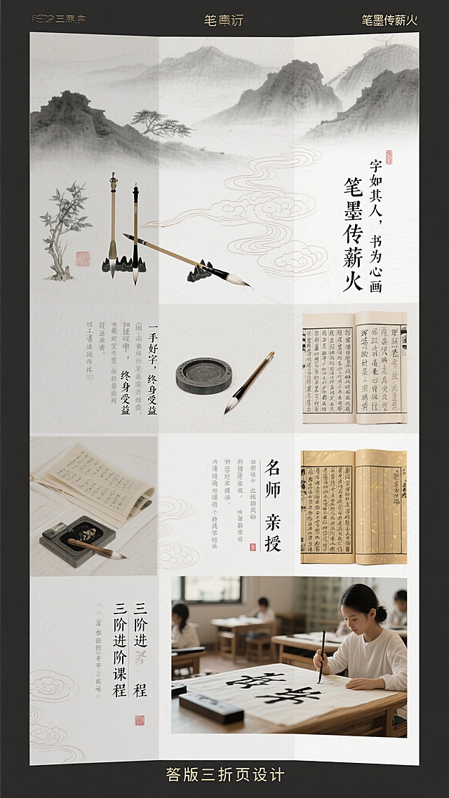 竖版三折页设计，整体采用水墨灰与宣纸白为主色调，营造儒雅、沉静、书卷气的氛围。页面布局采用云纹分隔的三栏式设计，图文交错，视觉层次如山水画卷般展开。包含工笔画风格的文房四宝插图（毛笔、宣纸、砚台、镇纸）、古籍书页特写、书法课堂的温馨实景照片，以及烫金工艺呈现的"笔墨传薪火"、"字如其人，书为心画"等标题文字。文字排版选用方正清刻本悦宋简体与少量楷体相结合，字号大小如书法作品般有枯润变化，行距疏朗有致，文本块以古籍批注式布局呈现，突出"一手好字，终身受益"、"名师亲授"、"三阶进阶课程"等核心信息。整体设计风格古朴而不失灵动，笔墨韵味与现代设计语言交融，传达出传统书法文化的雅致风骨与修身养性的教育理念。