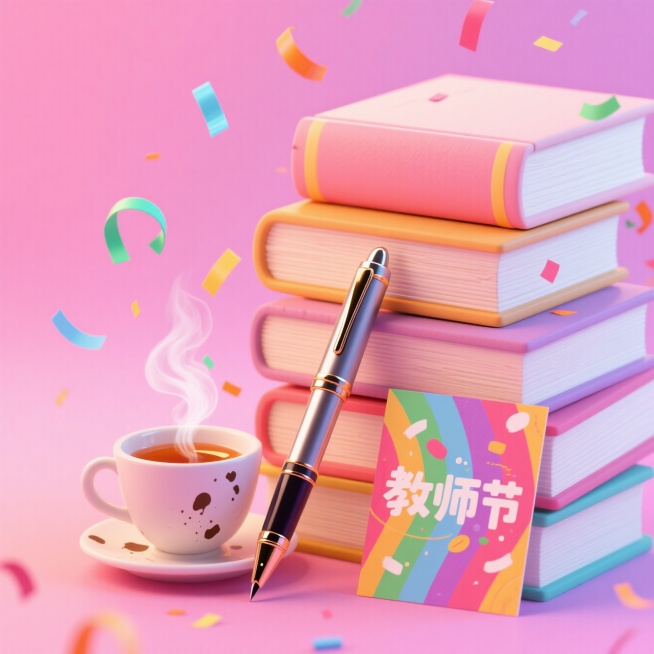 堆叠的书本、钢笔、茶、教师节贺卡。空中有散落的小彩带，粉色渐变背景。预览效果