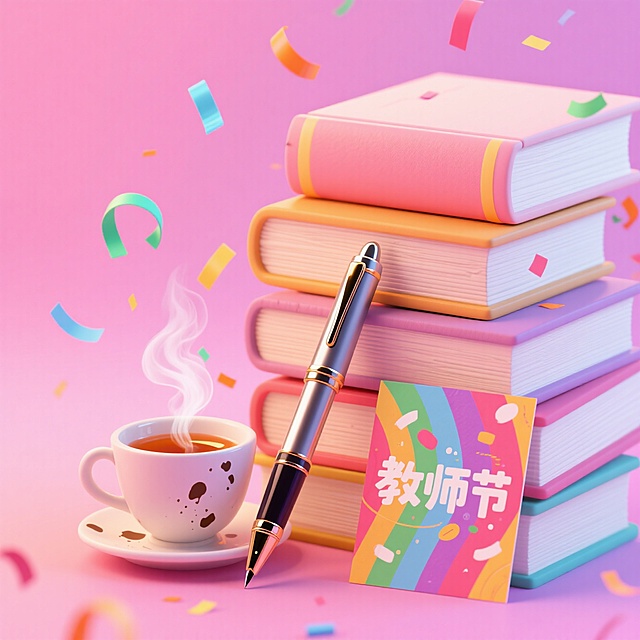 堆叠的书本、钢笔、茶、教师节贺卡。空中有散落的小彩带，粉色渐变背景。