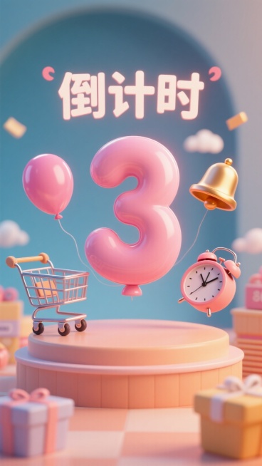 巨大的粉色数字“3”的气球，下方小标题“倒计时”，购物车，铃铛，闹钟悬浮在周围，暖色调，促销氛围预览效果