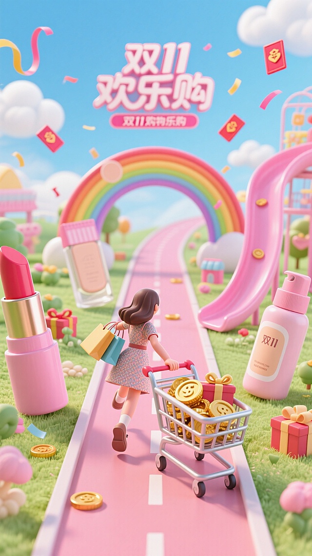 跑道两边是大型的粉底液、口红、乳液，背着购物袋的女人拉着装满金币、礼物的购物车朝拱门方向跑去，“双11欢乐购” 彩虹拱门延伸出粉色购物滑梯跑道，空中点缀彩带、红包，背景是蓝天白云下的童趣购物乐园