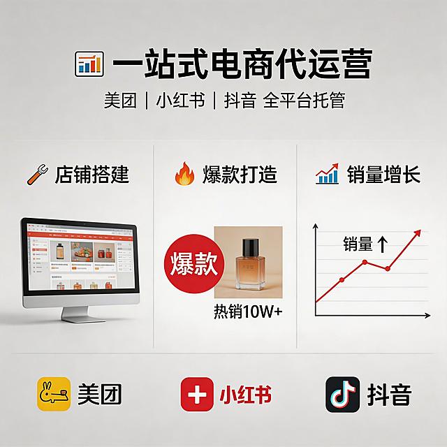 电商代运营业务插图，美团小红书抖音电商一站式代运营，店铺搭建到爆款打造，实现销量增长，现代电商商务风格