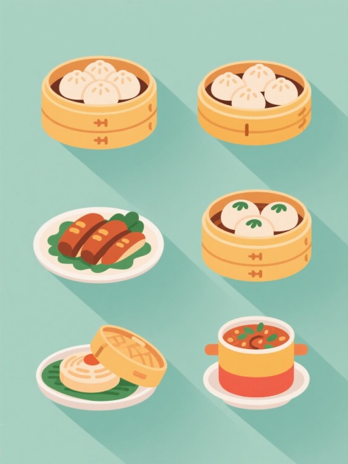 一系列6个同风格规整排布的中国传统美食插画，每个元素内容完全不同，保持统一的现代卡通插画风格，扁平设计，柔和的阴影表现立体感，纯色背景，每个元素拥有独特的整体色彩方案，元素类目均为中式传统食物，呈现方式如同蒸笼装包子般具有容器与食物的组合，线条简洁流畅，色彩鲜明饱满，扁平化质感，无文字信息，整齐排列形成系列感预览效果