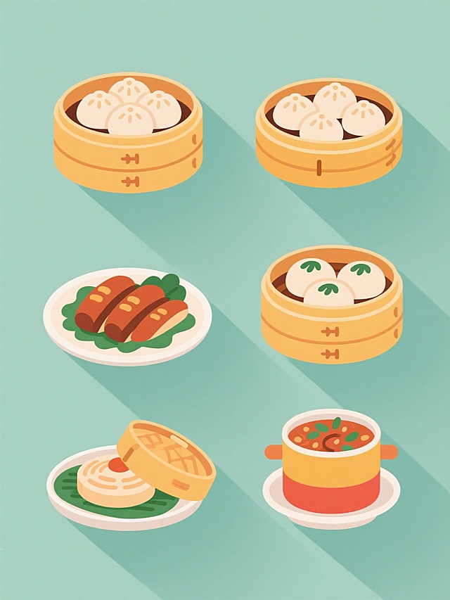 一系列6个同风格规整排布的中国传统美食插画，每个元素内容完全不同，保持统一的现代卡通插画风格，扁平设计，柔和的阴影表现立体感，纯色背景，每个元素拥有独特的整体色彩方案，元素类目均为中式传统食物，呈现方式如同蒸笼装包子般具有容器与食物的组合，线条简洁流畅，色彩鲜明饱满，扁平化质感，无文字信息，整齐排列形成系列感