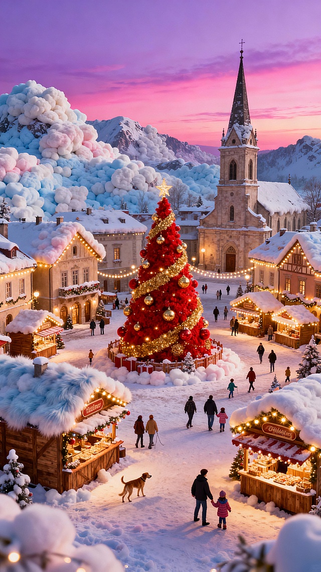 复古欧式小镇，屋顶与地面覆盖蓬松白雪，建筑挂满暖黄圣诞灯，中心广场矗立装饰着红金饰品的巨型圣诞树，周围散布着圣诞市集摊位，行人（含遛狗者、亲子等）在雪地中活动；背景是黄昏时分粉紫渐变的天空，远处山脉覆雪，教堂尖塔高耸。构图采用俯瞰视角，色彩以暖黄灯火与冷蓝雪景对比，搭配粉紫天际，画面风格温馨梦幻，充满圣诞节日氛围