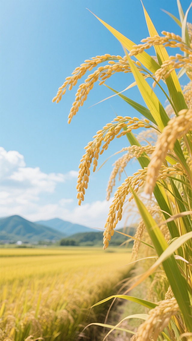 金黄饱满的成熟水稻稻穗在阳光下随风轻摆，稻秆挺拔，叶片呈现黄绿渐变，广阔的稻田延伸至远方，背景是蓝天白云和连绵的青山轮廓，整体画面干净明亮，光影柔和自然，符合现实逻辑的田园风光，适合作为背景素材使用。