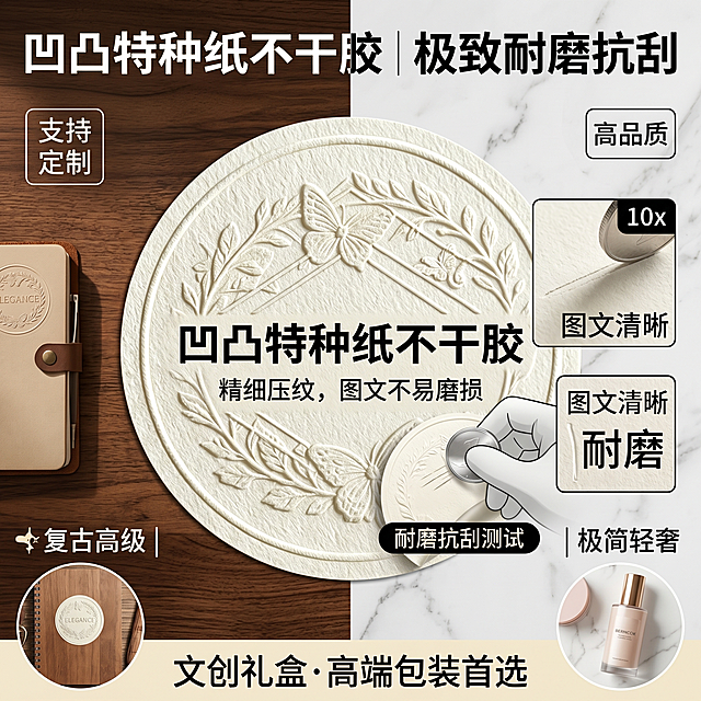 淘宝风格1:1主图，凹凸不干胶贴纸，展示耐磨抗刮特性，图文不易磨损，支持复古高级和极简轻奢两种风格定制，适用于文创礼盒高端包装，淘宝电商风格