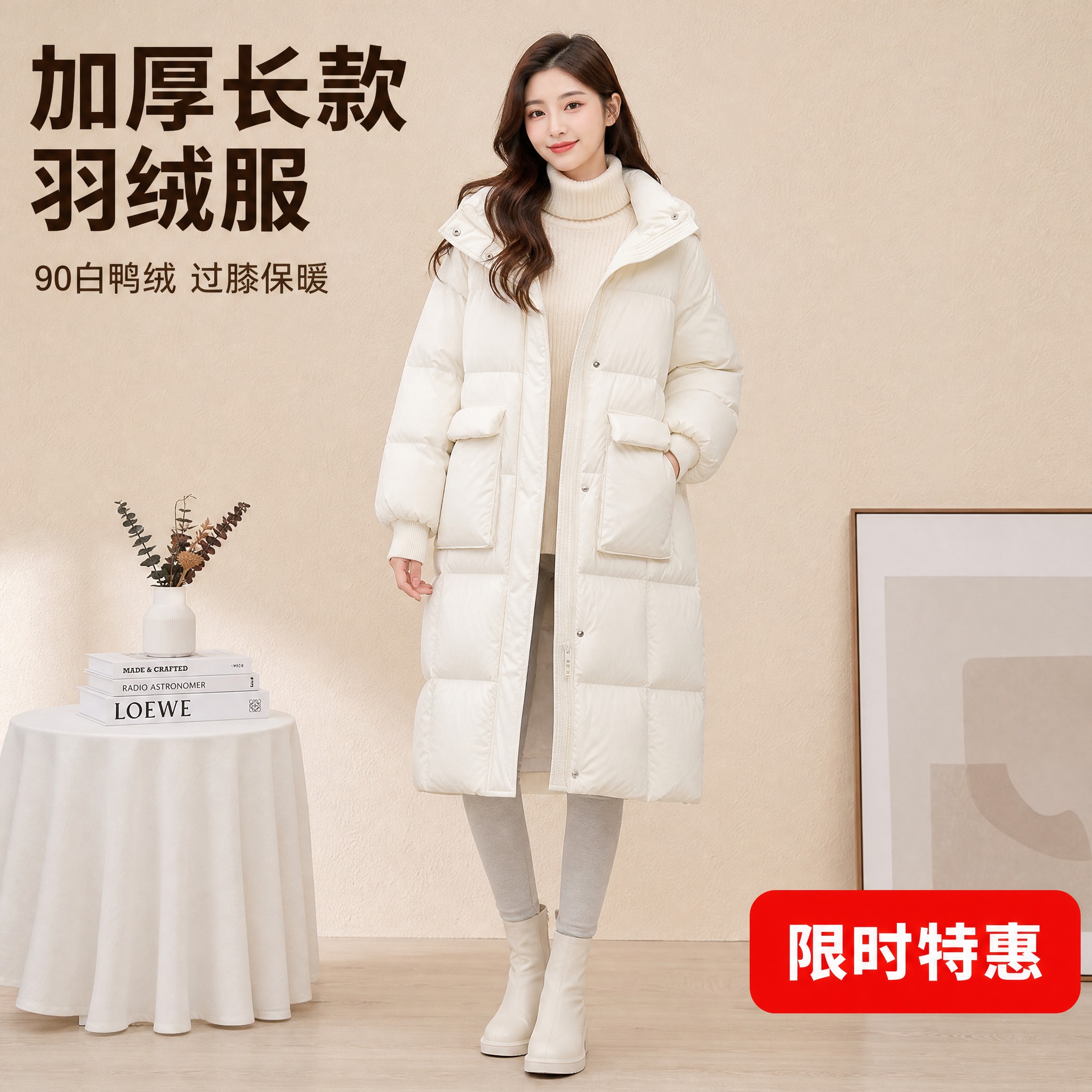 [主图-1] 主题：奶白色长款连帽羽绒服女冬季加厚过膝面包服，… - 图片创意预览