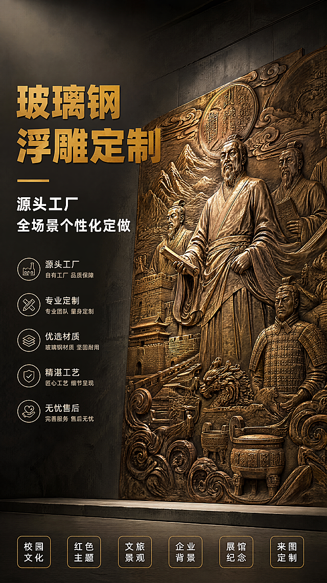 [第1屏] 详情页头图-玻璃钢浮雕定制源头工厂宣传海报。
[氛围/风格] 专业大气工程风，沉稳厚重质感，商业设计感，突出浮雕立体工艺与艺术品质。
[元素布局] 画面右侧展示一幅大型仿古铜色浮雕墙（历史文化题材，人物与纹饰层次分明），占比约55%；左侧为标题与卖点区；背景为深灰色渐变墙面，营造专业展厅氛围；浮雕纹理清晰，层次丰富，质感真实。
[光影质感] 左侧上方主光源打亮浮雕主体，凹凸纹理形成自然明暗对比，立体感强烈，整体庄重专业。
[配色色系] 全局底色 #2C2C2C 深灰渐变；主色古铜金 #B8860B；辅助色米白 #F5F5DC、深棕 #5D4E37。
[视角构图] 正面微仰视，浮雕墙为视觉中心，阅读动线左上标题 → 中部浮雕 → 底部信息条。
[文字版式] 版式为左侧标题 + 右侧浮雕主体 + 底部信息条。主标题「玻璃钢浮雕定制」，副标题「源头工厂 全场景个性化定做」，两行粗黑体左对齐，主标题古铜金色，副标题白色；底部横排6个圆角标签：「校园文化」「红色主题」「文旅景观」「企业背景」「展馆纪念」「来图定制」，古铜金边框白色文字；文字不遮挡浮雕主体。
[比例分辨率] 9:16 竖版比例，4K分辨率，文字清晰可辨，高清画质。
[负向提示词] 变形，纹理模糊，颜色偏差，水印，文字错乱，背景杂乱，人物比例失调。