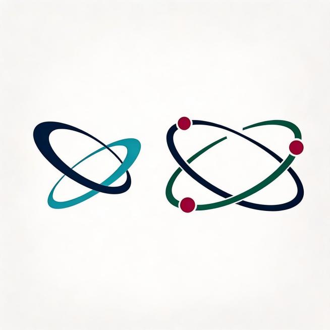 去除第一张图中的半透明灰色水印，保持原图蓝色双环相交logo不变，保留纯色背景干净清晰；去除第二张图中的半透明灰色水印以及中心的小人图形，保持原图的原子轨道图形、配色和纯色背景不变，整体保持矢量log预览效果