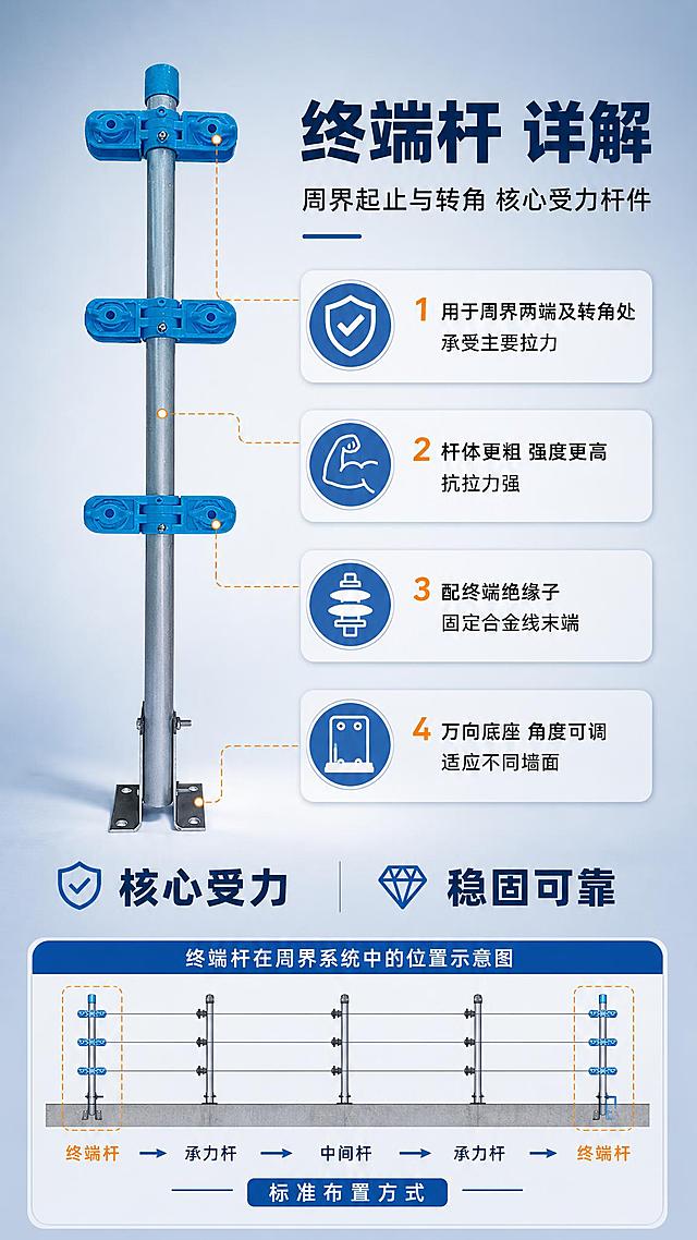 [商品] 使用【图1】最左侧蓝色绝缘子终端杆款式做重点展示；严格保留产品结构、颜色、材质、绝缘子形状、底座样式，原图外观不扭曲不改变。
[画面] 终端杆详解页面，目标是深入介绍终端杆特点。左侧为终端杆产品大图，占画面约50%，右侧为功能说明区。背景为优化后的柔和棚拍光浅灰蓝渐变背景。底部增加终端杆在周界系统中的位置示意图。
[视觉] 套系策略：风格=工业安防专业商业摄影；标题字=粗黑无衬线黑体；正文字=简洁无衬线黑体；主色=报警行业蓝+银灰+白色；背景延展=浅灰蓝渐变棚拍背景，柔和布光；强调色=警示橙，仅用于引线和重点标注；标题色=深蓝；正文色=深灰；组件=细线引线、圆角信息卡、系统示意图；光影=正面棚拍柔光，杆体金属质感清晰，底部有自然投影。
[文字] 顶部主标题"终端杆 详解"，副标题"周界起止与转角 核心受力杆件"。右侧4个特点：1."用于周界两端及转角处 承受主要拉力" 2."杆体更粗 强度更高 抗拉力强" 3."配终端绝缘子 固定合金线末端" 4."万向底座 角度可调 适应不同墙面"。底部示意图说明："终端杆→承力杆→中间杆→承力杆→终端杆 标准布置方式"。全部文字横向排版，空白处用"核心受力""稳固可靠"填充。
[规格] 图片比例9:16竖版，4K，负向提示：避免产品变形、颜色改变、深色纯黑背景、过于彩色、文字竖排、水印。
