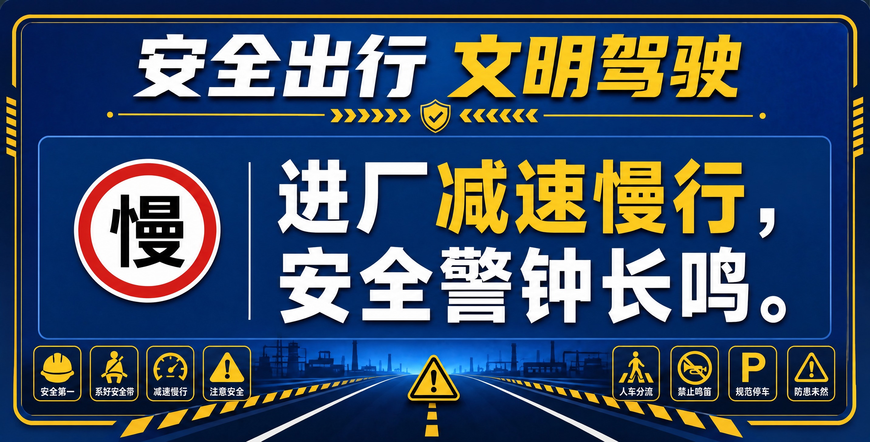 参考图的整体版式风格、蓝黄警示配色、顶部标题栏、底部道路工厂剪… - 图片创意预览
