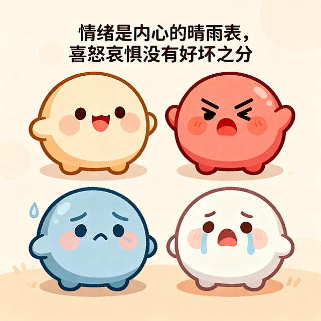 卡通风格插图，画面里有四个拟人化的情绪小形象，分别对应开心、愤怒、悲伤、害怕四种情绪，形象软萌可爱，色彩柔和温暖，背景是浅色系，搭配文字“情绪是内心的晴雨表，喜怒哀惧没有好坏之分”，整体画风治愈活泼