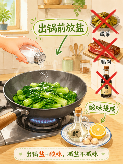 温馨的家庭厨房场景，灶台上炒着一盘青菜，一只手拿着盐罐往锅里撒盐，锅上方有箭头和文字"出锅前放盐"，旁边小碟子放着醋瓶、柠檬、蒜瓣，标注"酸味提咸"，背景用红叉叉掉咸菜、腊肉、酱油瓶，整体色调明亮温暖预览效果