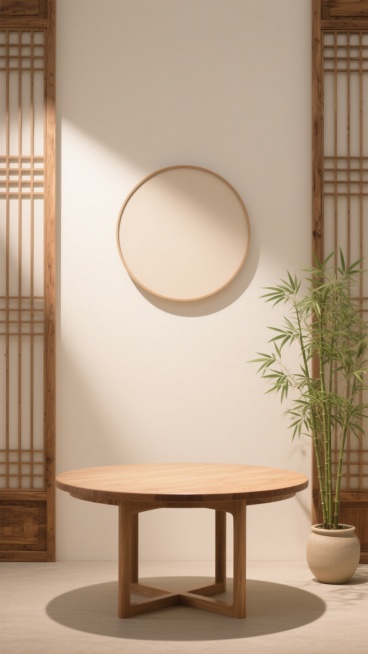 中式风格展台场景，画面70%为留白区域，中央设置圆形木质展台，台面光滑自然，展台下方有简洁支撑结构。背景为米白色墙面，墙面中央装饰圆形素色挂画，两侧立有木质格栅屏风，格栅线条整齐有序，呈现传统中式窗棂纹样。左侧摆放一盆翠绿竹子，叶片舒展，置于浅色陶瓷花盆中。整体采用柔和的暖色调光源，光线从画面上方斜射，在墙面和展台表面形成自然的光影渐变，营造出宁静、雅致、简约的东方禅意氛围，材质细节真实，木纹……预览效果