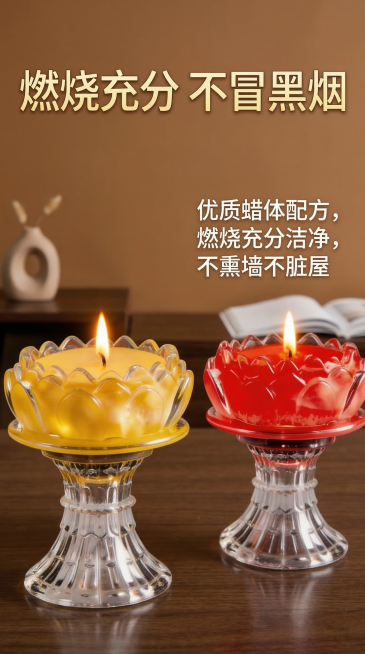 高脚莲花酥油灯电商详情页补充页，保留原图产品形态，大字标题"燃烧充分 不冒黑烟"，展示点燃后纯净火焰效果，文案说明"优质蜡体配方，燃烧充分洁净，不熏墙不脏屋"，暖棕9:16背景，突出卖点，不涉及封建迷预览效果