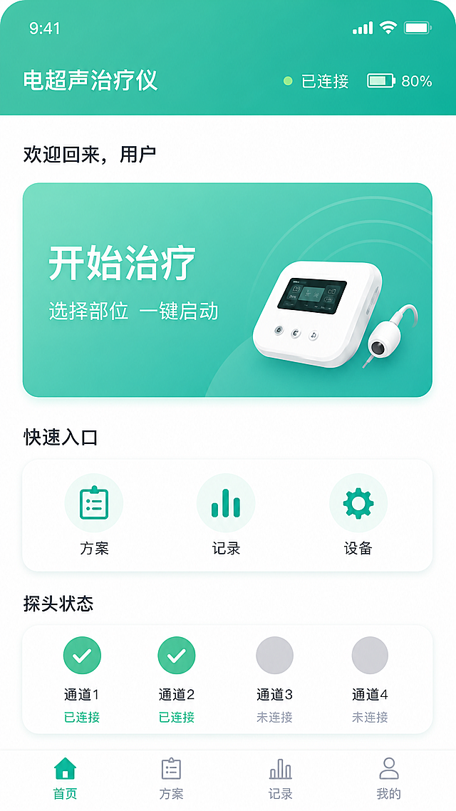 电超声治疗仪APP首页，统一更换为青绿色主色调，尺寸393x852像素。顶部青绿色渐变导航栏，左侧白色文字电超声治疗仪，右侧绿色圆点已连接和电池图标80%白色。欢迎回来用户黑色文字。开始治疗大卡片：青绿色渐变背景，白色大字开始治疗，副标题选择部位一键启动，右侧治疗仪设备3D插图，圆角设计。快速入口三个等宽图标：方案青绿色剪贴板图标、记录青绿色柱状图图标、设备青绿色齿轮图标，图标背景淡青绿色圆形。探头状态区域：四个圆形状态，通道1青绿色对勾已连接，通道2青绿色对勾已连接，通道3灰色圆圈未连接，通道4灰色圆圈未连接。底部导航栏四个Tab：首页选中青绿色图标文字、方案、记录、我的。整体青绿色系为主，清新医疗风格，圆角卡片，柔和阴影，白色背景。
