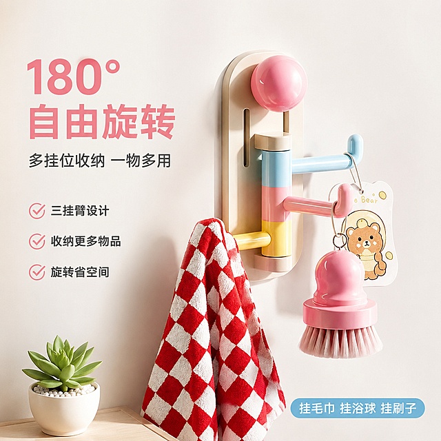 [主图-2] 核心卖点展示图，突出180度旋转结构与多挂位收纳功能。
[氛围风格] 现代简约奶油风，干净明亮的产品功能展示，商业摄影质感；
[画质] 商业摄影质感、光线柔和通透、产品清晰真实、画面干净高级。
[元素] 马卡龙拼色（粉蓝黄）旋转毛巾杆安装在米白色墙面上，位于画面中心偏右位置，产品主体完整展示。三个挂臂呈扇形展开状态，清晰展示180度旋转结构，每个挂臂末端都有圆润球形端头。挂臂上分别挂着红白格毛巾、粉色清洁刷、小熊造型挂饰，展示多挂位收纳能力。左侧为功能示意区域，用简洁的旋转箭头图示表现180度旋转动作。背景为纯净米白色墙面，底部有浅米色台面，台面上放一小盆绿色多肉植物作点缀。**保持毛巾杆产品外观（即物理结构、材质质感、颜色、球形顶部装饰、三挂臂旋转结构、长条形底座）与输入产品图绝对一致，杜绝任何变形和色差，精细化处理**。商品主体占比严格控制在70%左右；画面满屏无边框。
[光影] 正面偏上45度柔光为主光源，均匀照亮产品正面，突出马卡龙拼色的清新质感；右侧辅助光勾勒产品轮廓，形成柔和阴影；整体光线明亮通透，阴影柔和，无硬边阴影。
[配色] 主色马卡龙粉、蓝、黄拼色（产品）；辅色米白、浅绿点缀。
[视角构图] 正面平视微仰视角，产品居中偏右；左侧留出文案负空间，景深较浅，背景虚化突出主体。
[文字版式] 左侧负空间左对齐，顶部大标题写“180°自由旋转”，粉色最大号粗体无衬线；下方副标题写“多挂位收纳 一物多用”，深灰色中号。标题下方竖排三条卖点，每条带圆形对勾图标：「三挂臂设计」「收纳更多物品」「旋转省空间」，文字深灰色，图标粉色。右下角小标签写“挂毛巾 挂浴球 挂刷子”，浅蓝底白字圆角矩形。
[输出要求] 1:1比例，文字清晰锐利，画面超高清商业摄影质感。
[负向提示词] 变形，文字错乱，产品图模糊，背景杂乱，水印，电商平台Logo，挂臂数量错误，颜色偏差。