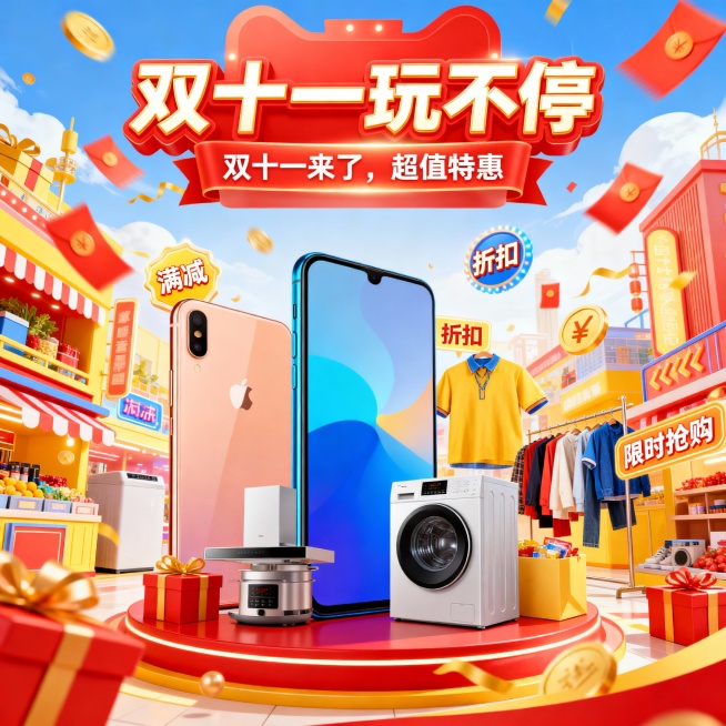 “双十一玩不停”；在副标题处输入“双十一来了，超值特惠”预览效果