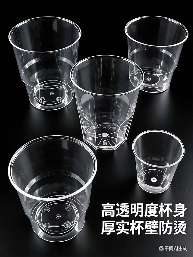 基于原图修改，加深背景为纯黑色，保持多款空航空杯展示内容不变，高清实拍，干净整洁，突出产品高透明度和厚实杯身，适配1688平台，文案为"高透明度杯身 厚实杯壁防烫"，比例3:4简约排版