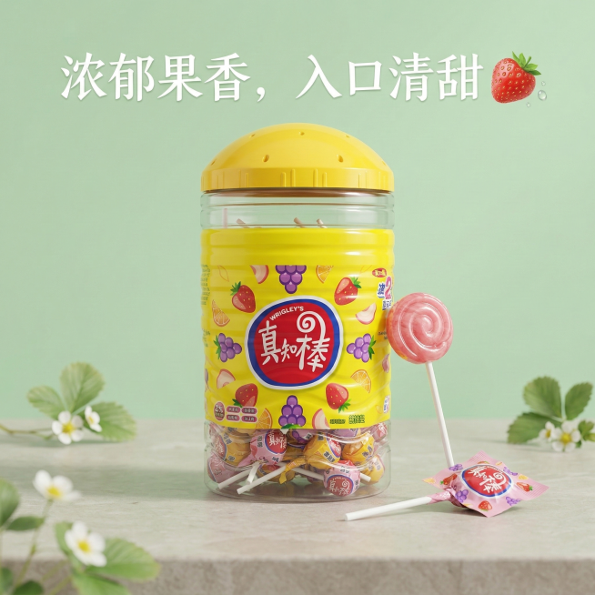背景改为清新的淡绿色，突出单支草莓味真知棒和桶装产品，添加卖点文案"浓郁果香，入口清甜"，风格高级清新预览效果