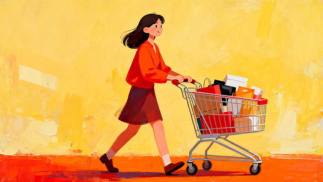 卡通插画偏油画风格，简洁干净且视觉冲击力强，双十二购物主题，一个女人推着购物小车的banner背景，无文字，色彩明快突出，购物氛围浓厚，整体画面简约吸引眼球