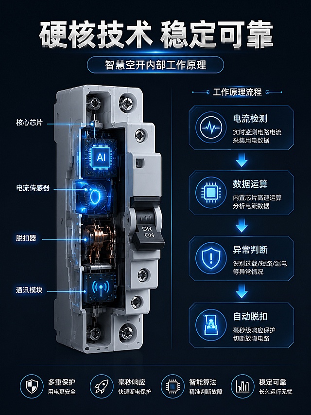 [第4屏] 核心技术解析-智慧空开内部工作原理。
[氛围/风格] 科技原理示意图风格，半剖面结构展示，清晰专业，数据可视化。
[元素布局] 采用剖面展示型版式，画面一半为智慧空开的剖面内部结构，展示核心芯片、电流传感器、脱扣器、通讯模块四大核心部件，每个部件用引线标注名称；另一半为工作原理流程路径图，从电流检测→数据运算→异常判断→自动脱扣的完整逻辑链路。整体产品外部结构尺寸与标准空开一致。
[光影质感] 剖面区域用冷光提亮核心部件，背景深灰衬托结构层次，明暗对比清晰，让内部结构一目了然。
[配色色系] 全局底色 #121826，主色浅蓝结构线条，银色标注文字，蓝色高亮核心部件，和首屏深色科技风格统一。
[视角构图] 左右分栏版式，左剖面结构，右原理路径，居中对齐，阅读动线从左到右。
[文字版式] 顶部主标题「硬核技术 稳定可靠」，每个核心部件配8字以内名称标注，路径节点配简短说明文字，字号清晰适配移动端，引线标注不遮挡结构。
[比例分辨率] 宽度1080px，高度1440px，3:4竖版比例，4K分辨率，文字清晰可辨，高清画质。
[负向提示词] 结构错乱，部件缺失，标注不清，文字过小，颜色模糊，水印