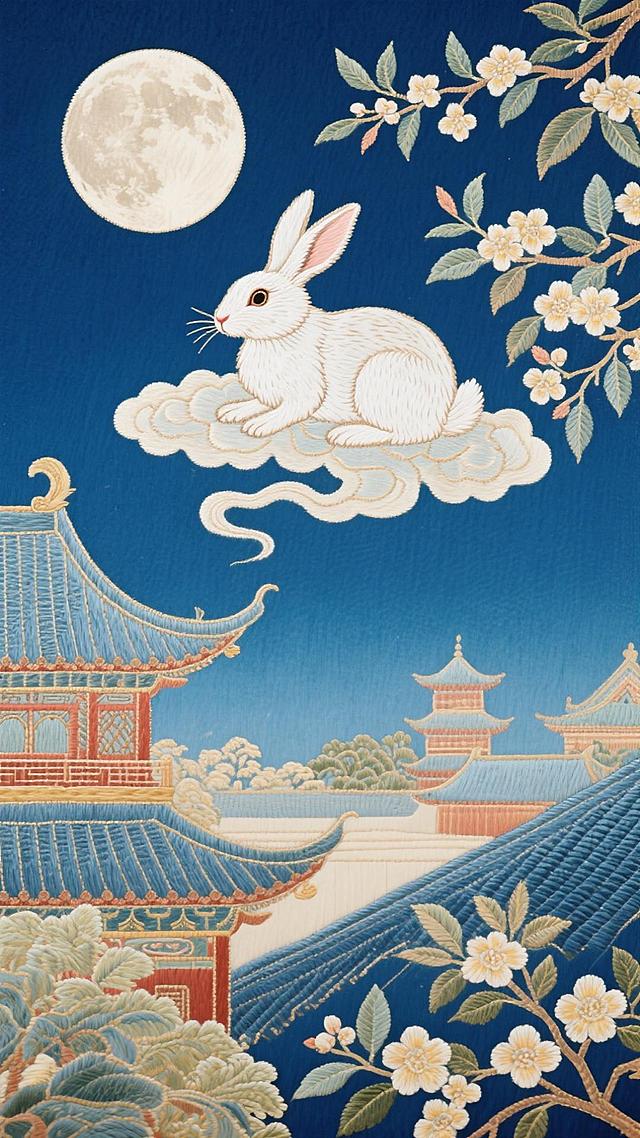 工笔细腻，刺绣质感，浮雕层次，古典中式庭院与玉兔乘云望月，花枝摇曳，梦幻唯美，中秋佳节氛围浓厚。