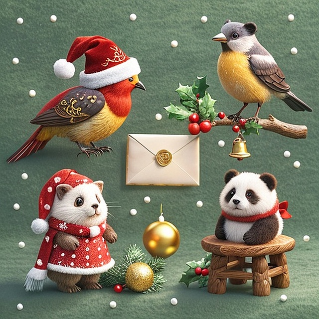 复古油画风(色调浓郁，肌理厚重)
深橄榄绿油画布背景(带笔触纹理)，4个圣诞元素上下两行对齐排列:
1.戴丝绒圣诞帽(缀金刺绣)的红腹锦鸡，爪握烫金蜡封信封，低头用喙轻啄蜡封，尾羽展开沾暗金细闪2.浅棕豚鼠身着红底白点针织裙(袖口绣雪花)，颈系酒红丝带，双手捧着缀红浆果的冬青枝，歪头凝视浆果3.白眉鸫站在原木枝上，颈围羊毛红围巾，爪握复古铜铃轻晃，身旁散落松针与鎏金彩球4.小熊猫踮脚站在雕花木凳上，爪握暖黄烛光灯串缠绕雪松，耳尖别珍珠浆果，身后飘着油画质感雪花