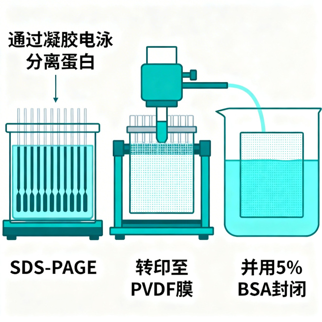 SDS-PAGE凝胶电泳和转膜到PVDF膜的科学示意图，展示凝胶电泳分离蛋白后转印至PVDF膜，并用5% BSA封闭。图中包含文字：通过凝胶电泳分离蛋白，转印至PVDF膜，并用5% BSA封闭。科学插预览效果