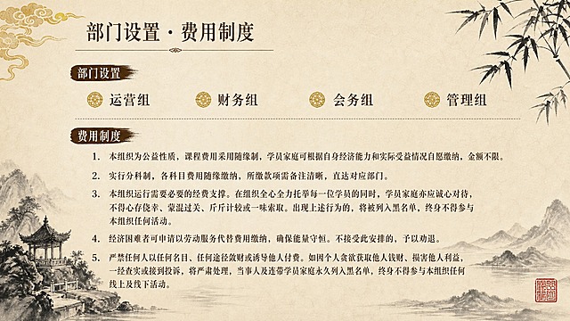 中国风水墨古画风PPT页面，米黄色宣纸质感背景。左上角金色祥云纹样装饰，旁边深棕色书法字体标题"部门设置 · 费用制度"，标题下方有细横线装饰。右上角墨竹枝叶。左下角水墨山水亭台，右下角远山和红色印章。页面分为上下两部分：上半部分是"部门设置"，内容为"运营组、财务组、会务组、管理组"，四个组别以横向排列，每个组别前有金色花纹小圆点。下半部分是"费用制度"，有5条带序号的条款：1. 本组织为公益性质，课程费用采用随缘制，学员家庭可根据自身经济能力和实际受益情况自愿缴纳，金额不限。2. 实行分科制，各科目费用随缘缴纳，所缴款项需备注清晰，直达对应部门。3. 本组织运行需要必要的经费支撑。在组织全心全力托举每一位学员的同时，学员家庭亦应诚心对待，不得心存侥幸、蒙混过关、斤斤计较或一味索取。出现上述行为的，将被列入黑名单，终身不得参与本组织任何活动。4. 经济困难者可申请以劳动服务代替费用缴纳，确保能量守恒。不接受此安排的，予以劝退。5. 严禁任何人以任何名目、任何途径敛财或诱导他人付费。如因个人贪欲获取他人钱财、损害他人利益，一经查实或接到投诉，将严肃处理，当事人及连带学员家庭永久列入黑名单，终身不得参与本组织任何线上及线下活动。文字为深棕色宋体，排版整齐。