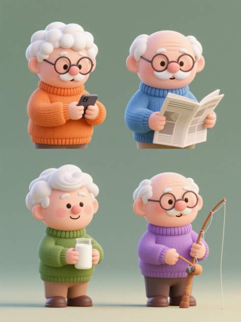 一系列4个不同动作的Q版可爱老年男性角色，保持统一的3D卡通风格，圆润的造型，明亮柔和的光影，光滑的材质表现，每个角色都有白色卷发、白色八字胡、戴着圆形眼镜。角色们规整排布在纯色背景上，整体画面色彩协调但每个角色区域有细微色彩区分。第一个角色穿着橙色毛衣看手机，第二个穿蓝色毛衣看报纸，第三个穿绿色毛衣喝牛奶，第四个穿紫色毛衣钓鱼，所有角色表情温和愉悦，构图平衡对称，视觉层次清晰，适合作为温馨主……预览效果