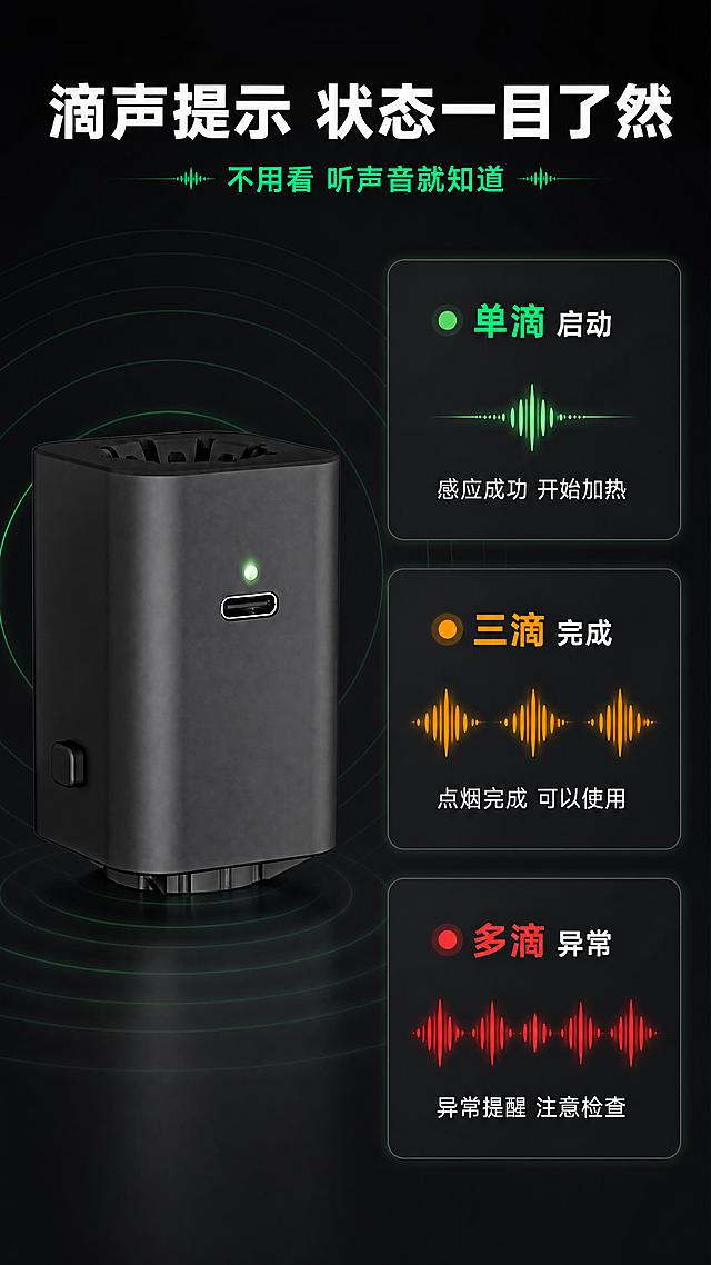 [第9张] 智能滴声提示页-单滴启动/三滴完成/多滴异常状态反馈说明。本张使用【图1】作为产品主体。
[氛围/风格] 深色科技交互风，声波/音波视觉元素，状态清晰直观，拼多多易懂风格。
[元素布局] 画面采用左产品右说明的左右布局：左侧智能点烟器产品占画面40%，正面展示绿色指示灯和Type-C接口，产品外观与输入图一致；右侧分上中下三个状态卡片，分别展示三种滴声提示，每个卡片配有声波图形和指示灯颜色示意；背景为深灰黑色，带有声波圆环扩散效果。
[光影质感] 产品正面柔光照明，指示灯位置有对应颜色发光效果，声波图形有半透明扩散光感，整体科技柔和。
[配色色系] 全局底色 #1A1A1A 深黑灰；主色 绿色 #00FF66（正常）、橙色 #FF9900（进行中）、红色 #FF3333（异常）；辅助色 白色文字、深灰卡片底。
[视角构图] 左右分栏布局，阅读动线顶部标题 → 左侧产品 → 右侧三个状态卡片从上到下，条理清晰。
[文字版式] 版式为顶部通栏标题 + 左产品 + 右三状态卡。主标题「滴声提示 状态一目了然」白色粗黑体，副标题「不用看 听声音就知道」绿色；三个状态卡：1.「单滴 启动」绿色指示灯+单声波，说明「感应成功 开始加热」；2.「三滴 完成」橙色指示灯+三声波，说明「点烟完成 可以使用」；3.「多滴 异常」红色指示灯+多声波，说明「异常提醒 注意检查」；每张卡片有状态名+声音描述+功能说明，层级分明。
[比例分辨率] 9:16 竖版比例，4K 分辨率，文字清晰可辨，高清画质。
[负向提示词] 产品变形，结构错误，颜色偏差，水印，文字错乱，声波图形过多。