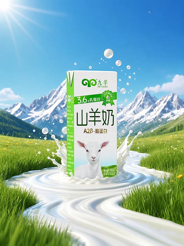 参考第一张图的画面风格，将图中的鲜纯牛奶产品替换为第二张图的九羊山羊奶包装盒，保留雪山蓝天、翠绿草原、阳光光晕、飞溅的奶液溪流和漂浮奶泡的场景元素，整体画面清新自然，质感通透高级，包装盒上的文字“九羊”“3.6g乳蛋白”“山羊奶”“A2β-酪蛋白”清晰完整呈现