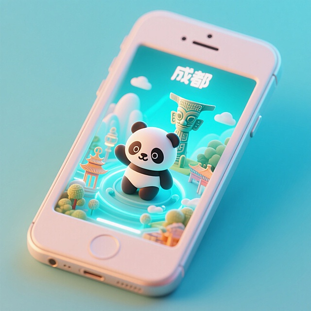 一个手机创意微缩场景，手机平放，侧面对着观众，手机俯视角度，立体的成都景观从屏幕内出来，有熊猫，三星堆，整体色调立体魔幻。青色背景。具有梦幻感,打光营造出柔和氛围强调梦幻和未来感的美学。