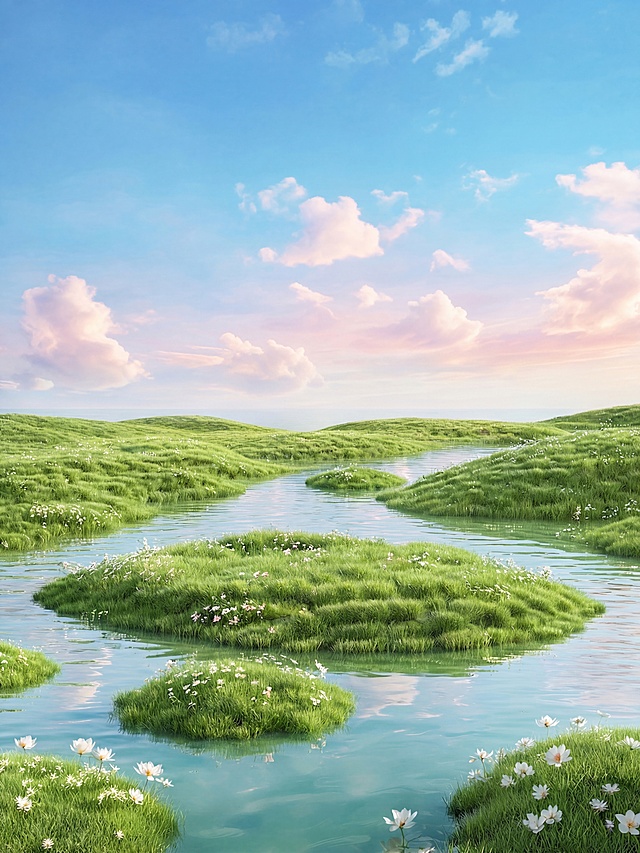 去掉图中的透明泡泡球和白色圆形台，去掉远处的山脉，在水面中改成几个绿色的长满青草小花的小岛，保留清澈的河流、蓝天白云和整体清新自然的风格
