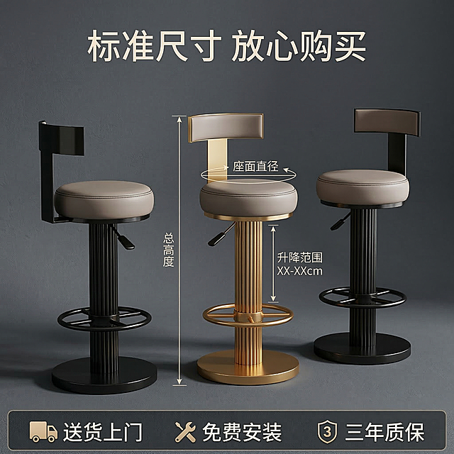 [垫图] https://gdesign-dam-hz.dancf.com/35872057695522955/902aa7bb8155471a9bf8f5dd3909c13a.jpg
[主图主题] 吧台椅尺寸售后主图
[氛围/风格] 轻奢极简，和首张主图光影色调一致
[画面元素] 产品居中展示，清晰标注产品总高度、升降范围、座面直径尺寸，标注线纤细清晰，背景为干净深灰色。
[配色色系] 深灰背景 产品原有配色
[文字版式] 顶部主标题 标准尺寸 放心购买，底部横向排列三大服务承诺 送货上门 免费安装 三年质保，采用底部通栏服务风布局，简洁专业。