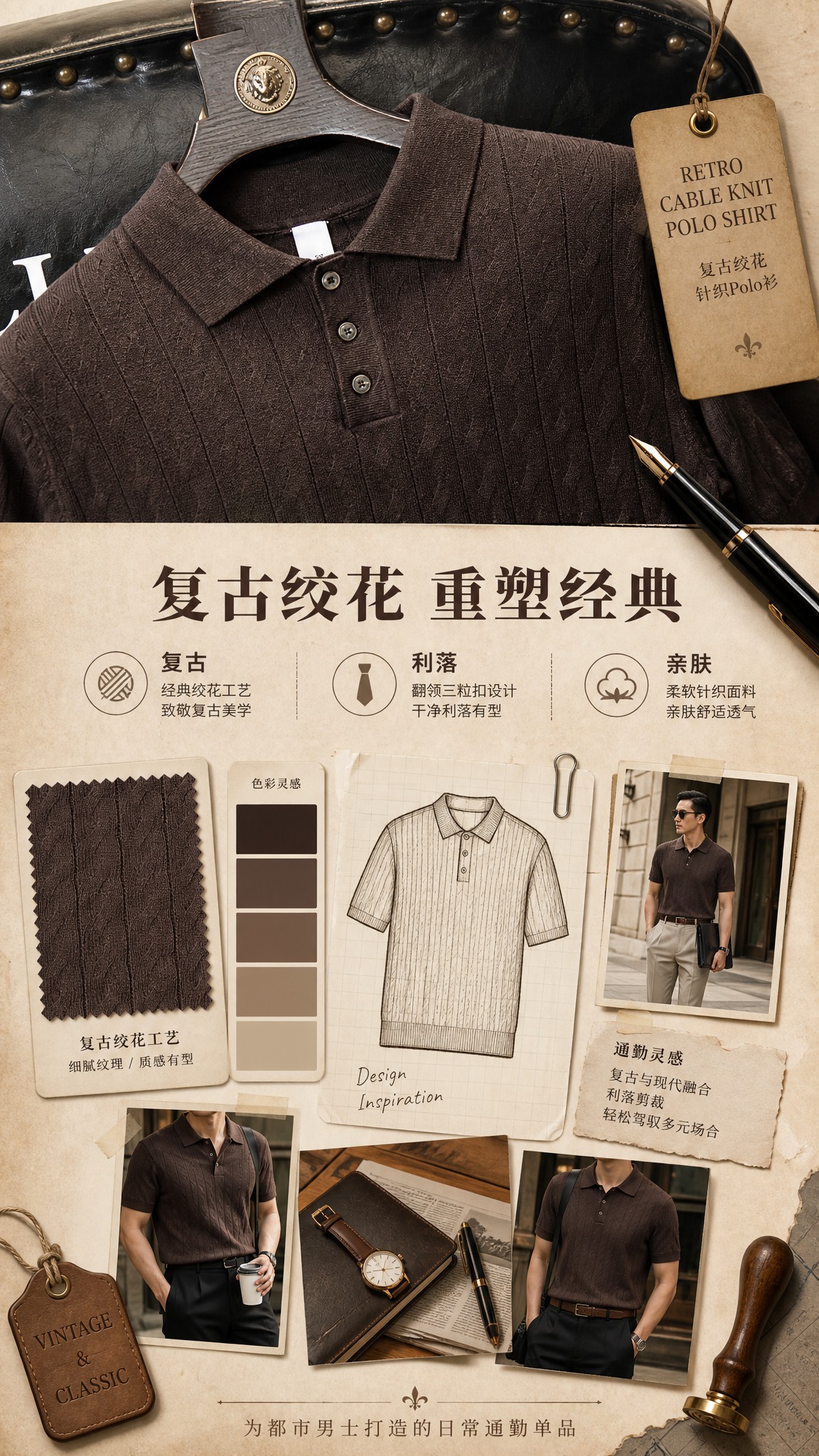 [商品] 使用【图1】深咖色男士绞花针织短袖Polo衫；商品处… - 图片创意预览