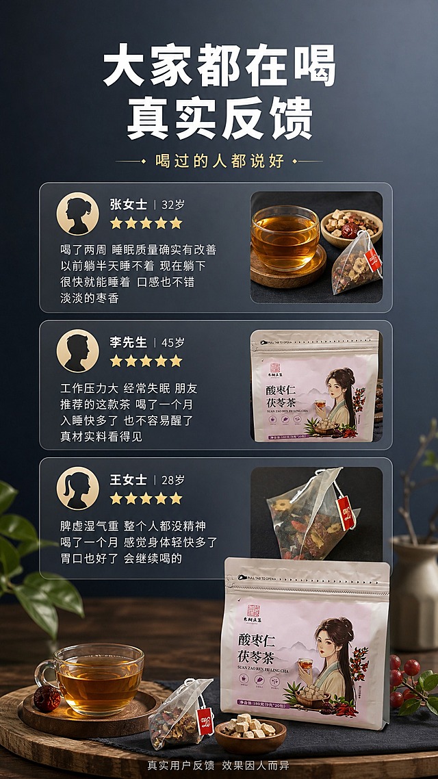[商品] 使用【图1】酸枣仁茯苓茶产品袋与【图4】茶包图；保留全部包装与茶包外观；产品外观完全不变。
[画面] 用户真实反馈页，目标增强购买信任。画面展示3条用户评价卡片，竖排排列。每张卡片为半透明深灰圆角矩形，内有用户头像（剪影或图标）、昵称、星级评分、评价文字。评价内容围绕睡眠改善、口感好、真材实料等真实感受。卡片旁边点缀产品小图或茶汤图。背景深灰蓝渐变。
[视觉] 套系策略：风格=高级暗调商业摄影；标题字=简约黑体粗体；正文字=简洁黑体细体；主色=深灰蓝；背景延展=深灰蓝到浅灰的竖向渐变，搭配木质展台与自然植物元素；强调色=暖金色，仅用于小面积图标、引线、标签和重点字；标题色=纯白色；正文色=浅灰色；组件=细线图标、半透明圆角评价卡、星级图标、细引线；光影=柔和均匀光线，卡片清晰易读。
[文字] 顶部大标题 大家都在喝 真实反馈 白色粗体；副标题 喝过的人都说好 暖金色细体；3条评价 1.张女士 32岁 五星 喝了两周 睡眠质量确实有改善 以前躺半天睡不着 现在躺下很快就能睡着 口感也不错 淡淡的枣香 2.李先生 45岁 五星 工作压力大 经常失眠 朋友推荐的这款茶 喝了一个月 入睡快多了 也不容易醒了 真材实料看得见 3.王女士 28岁 五星 脾虚湿气重 整个人都没精神 喝了一个月 感觉身体轻快多了 胃口也好了 会继续喝的；底部小字 真实用户反馈 效果因人而异 浅灰色。
[规格] 图片比例9:16竖版，2K，避免变形、错字、模糊、杂乱、水印、平台Logo、虚假评价、医疗功效宣称。