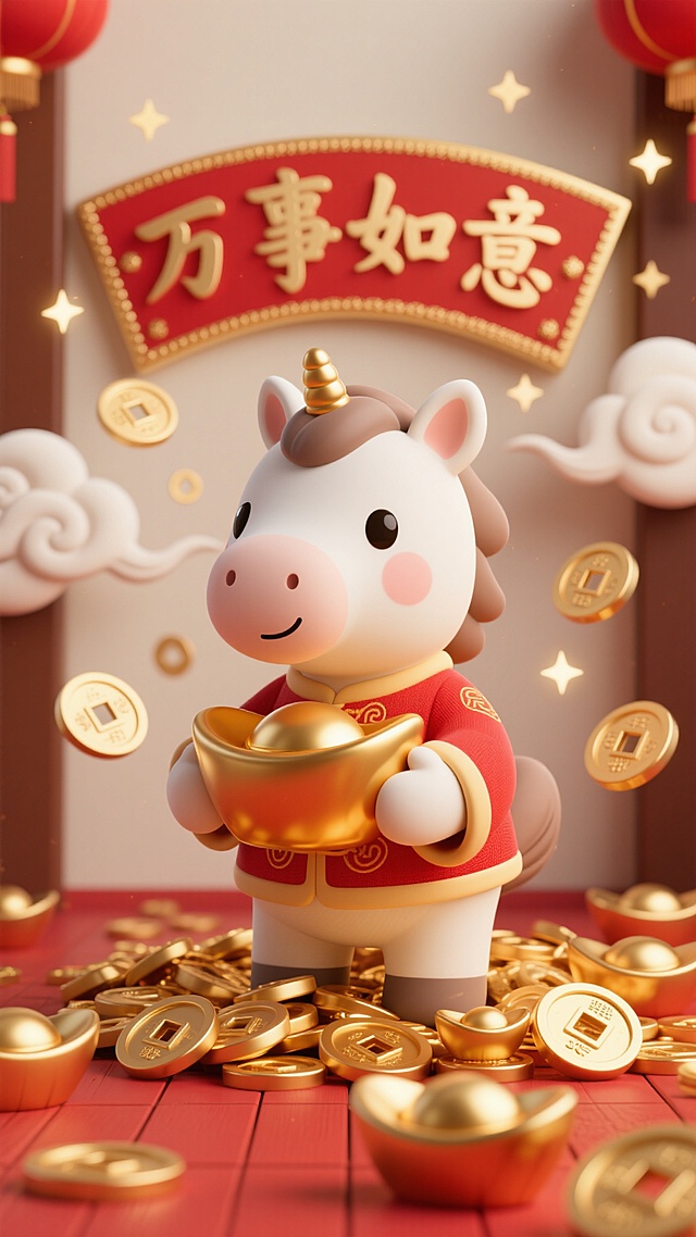 软3D风卡通小马手持金元宝，红衣鎏金，喜庆可爱，背景浮雕祥云与“万事如意”牌匾，满屏金币飞舞，浓郁春节氛围。