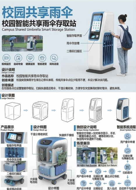 仿照第二张海报格式，设计校园共享雨伞的创意海报，内容包含作品名称、创意来源、创意描述、设计草图、设计样图、独创设计说明模块，主题是方便学生下雨时及时使用共享雨伞避免淋雨，整体排版和第二张图片一样，文字预览效果