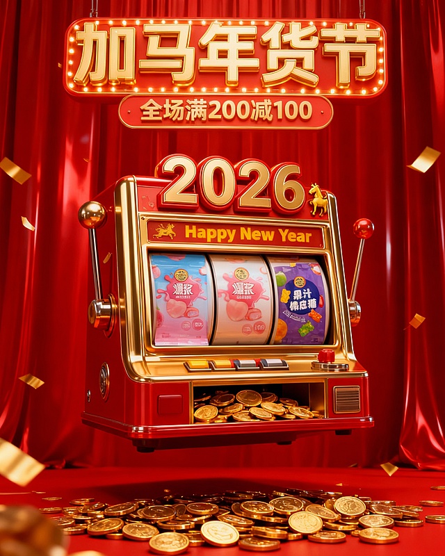 3D写实风，视觉中心是一台老虎机造型装置（悬空，正面视角，金属材质金红配色，机器上装饰“2026”立体数字、小金马，机器中部装饰“Happy New Year”黄色小字，机器底部吐出大量金币），机器滚轮区转出图中商品。背景是红色光泽幕布，周围散落金色碎片。顶部金色3D灯牌标题“加马年货节”，副标题3d金色小字“全场满200减100”。
